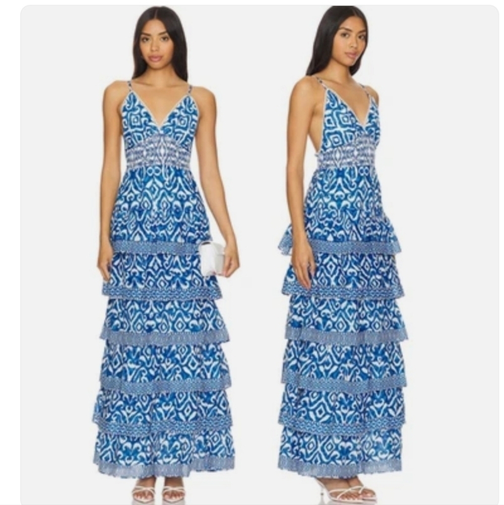 NWT Caroline Constas New York Boho Blue White Tiered Maxi Dress w/Pockets Size M